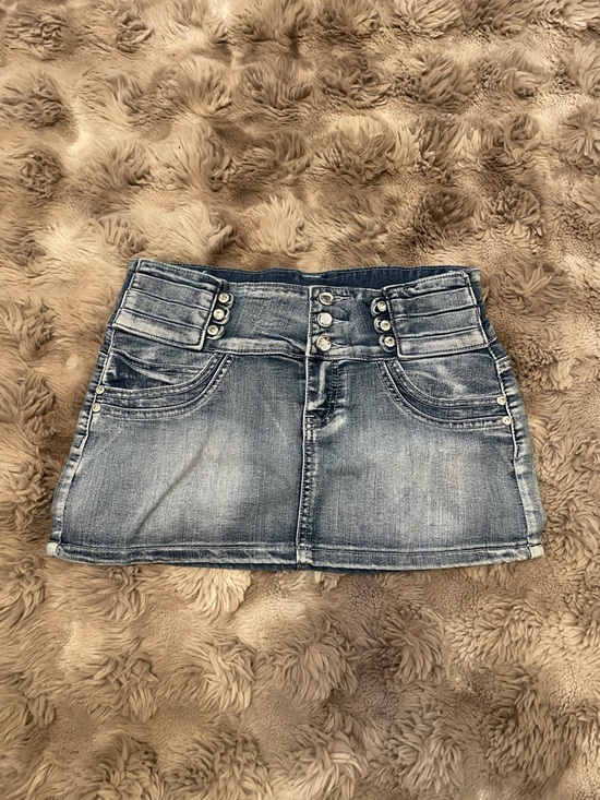 Vinizbena Dresses & Skirts - Y2K Faded Blue Denim Mini Skirt with Triple Button Waist